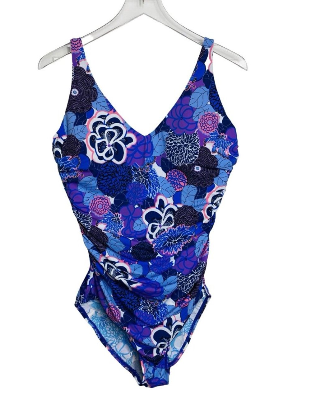 Talbots Miraclesuit Size 16 One Piece Swimsuit Bathing Suit Purple Blue Floral